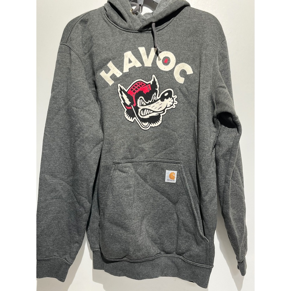 Carhartt Mens Loose Fit Havoc Wolf Mascot Graphic Hoodie Gray Small